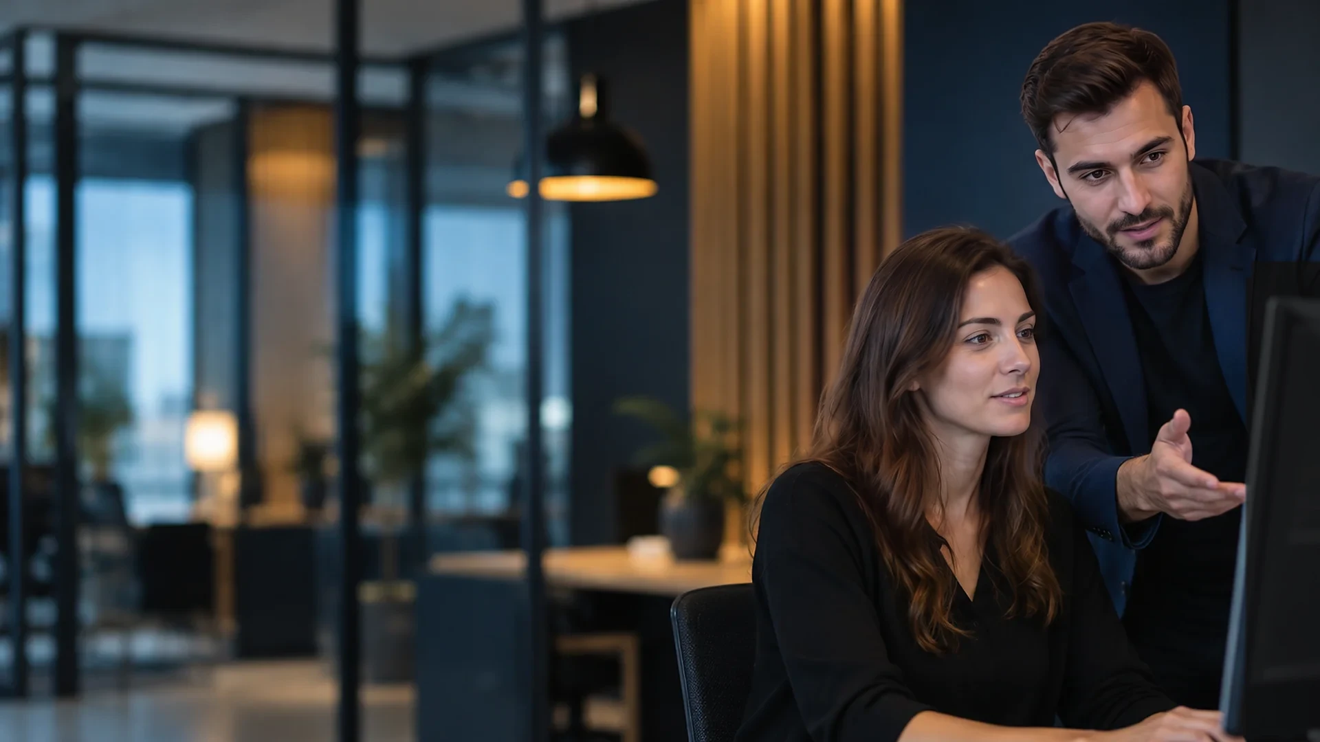 Consultant APE Conseil accompagnant une collaboratrice devant son écran