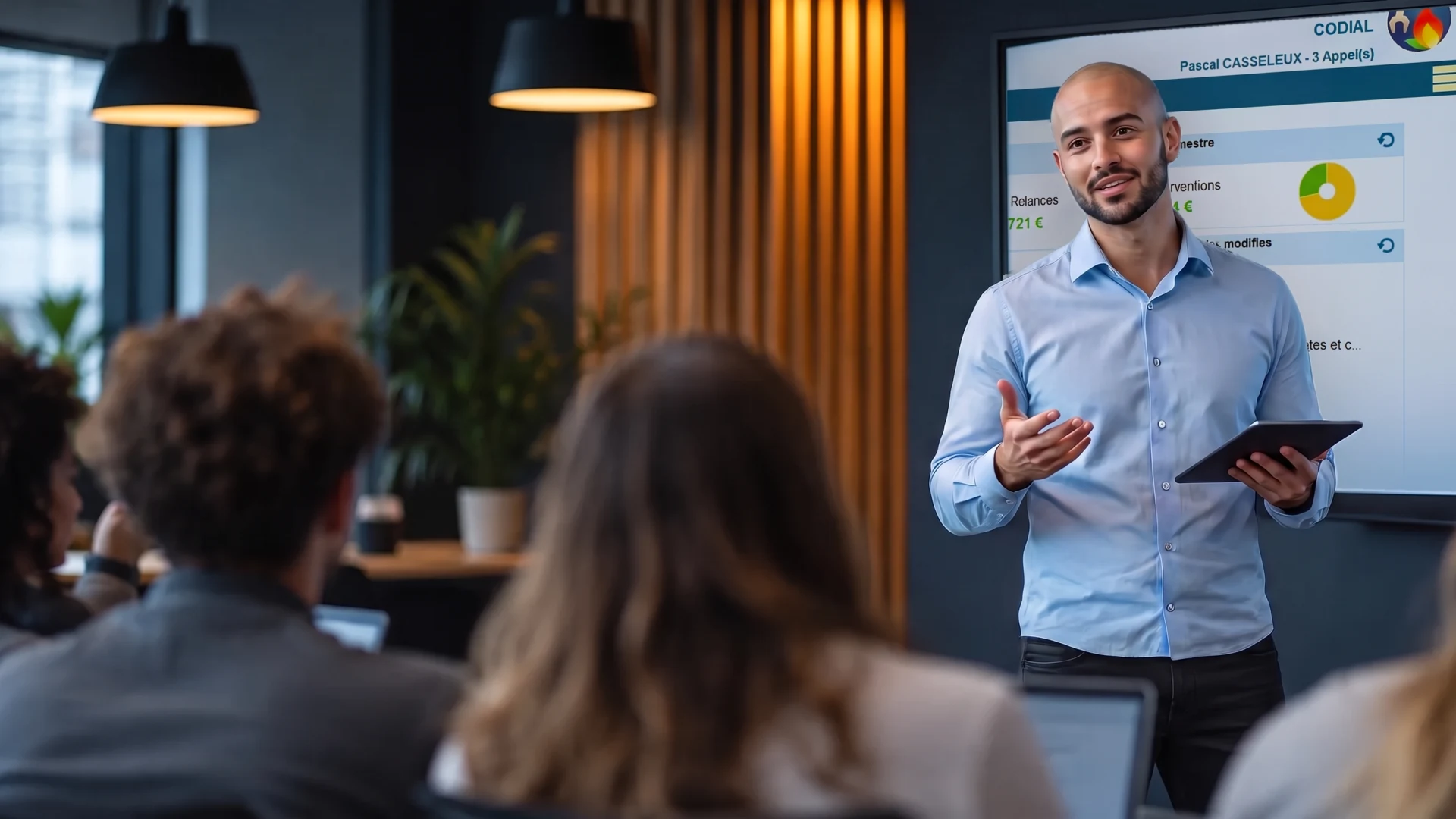 Formateur APE Formation animant une session sur le logiciel Codial devant un groupe de stagiaires