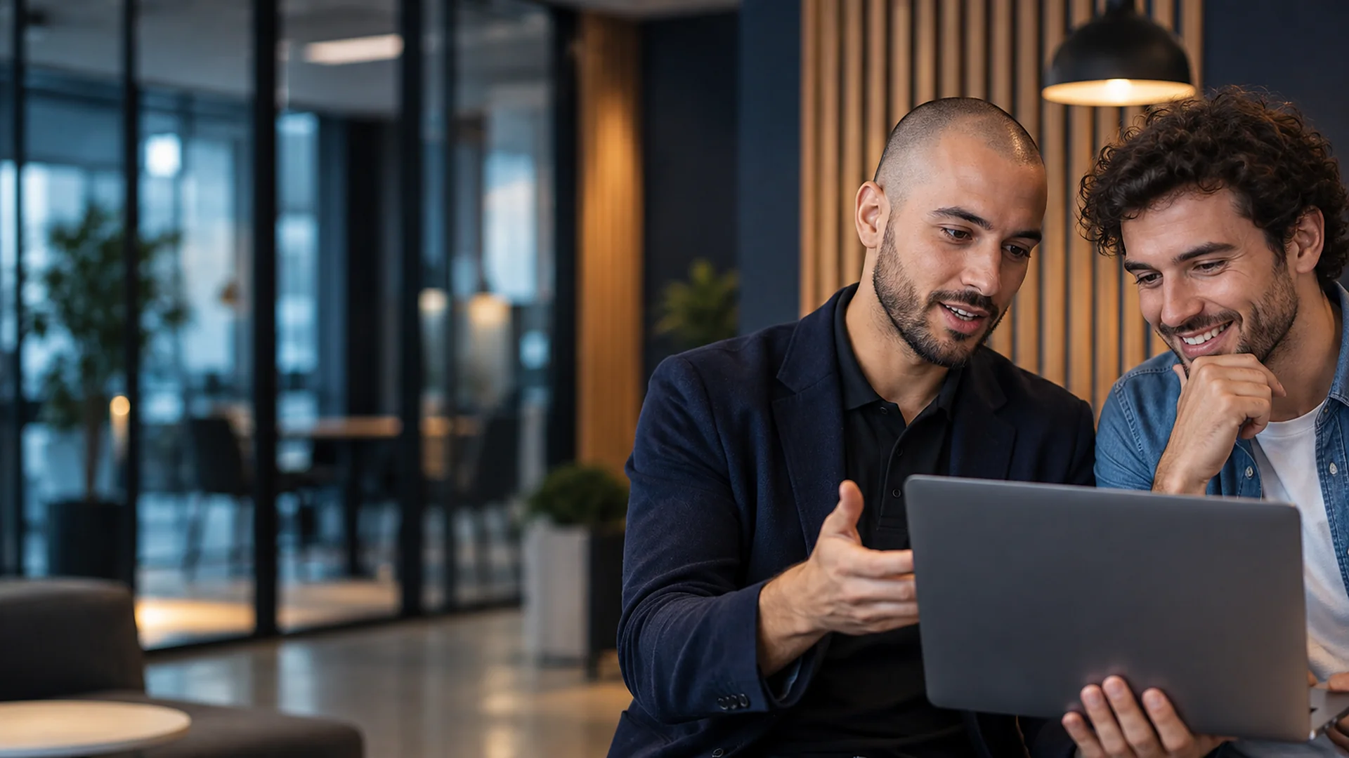 Démonstration d’un logiciel de gestion sur un ordinateur portable entre deux collaborateurs