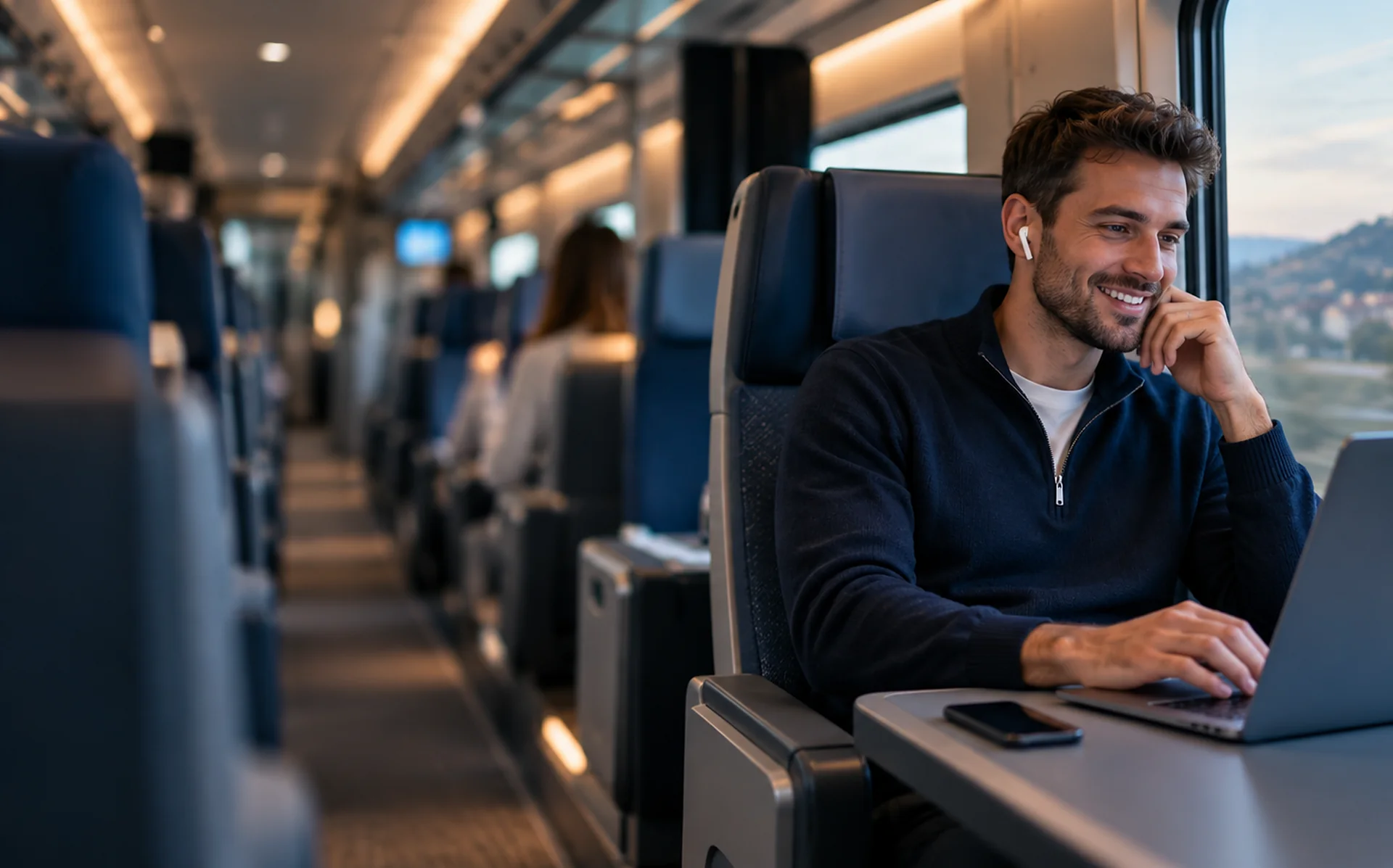 Jeune dirigeant connecté en déplacement, au travail sur son portable dans le train