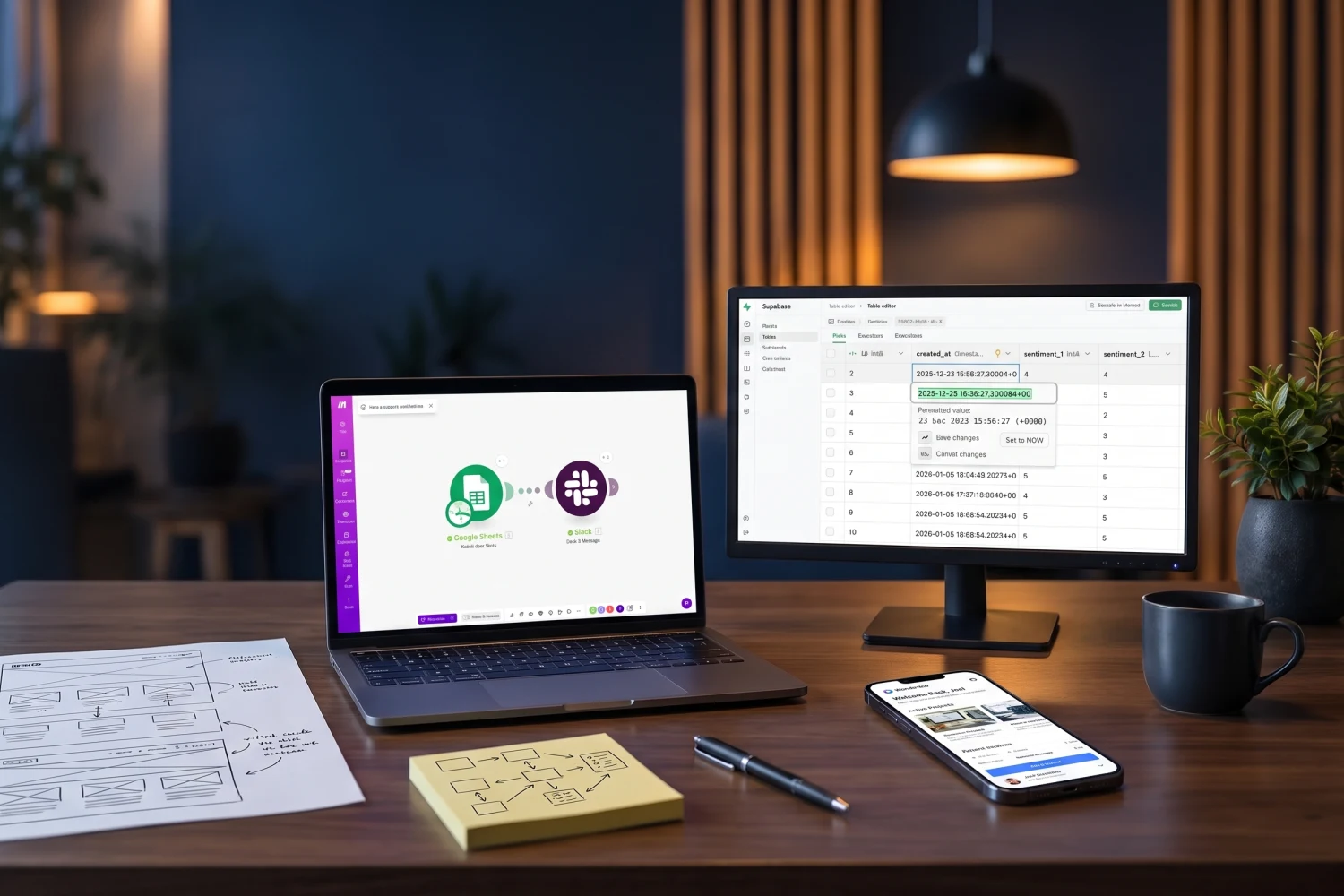 Méthode APE Com’ : wireframes, scénario Make, tables Supabase et application Softr